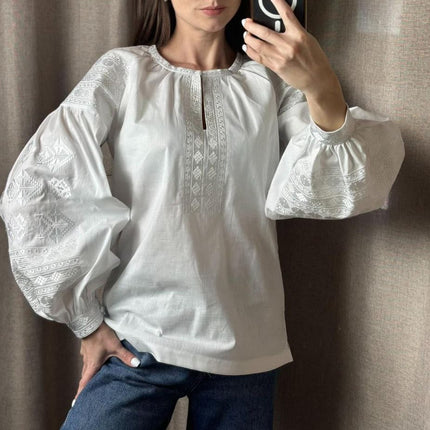 Women’s White Vyshyvanka with Puffy Sleeves