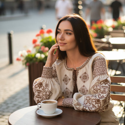 Beige Linen Vyshyvanka with Brown Embroidery – Women’s Ukrainian Blouse