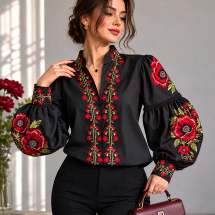 Women’s Black Ukrainian Embroidered Blouse with Red Poppies
