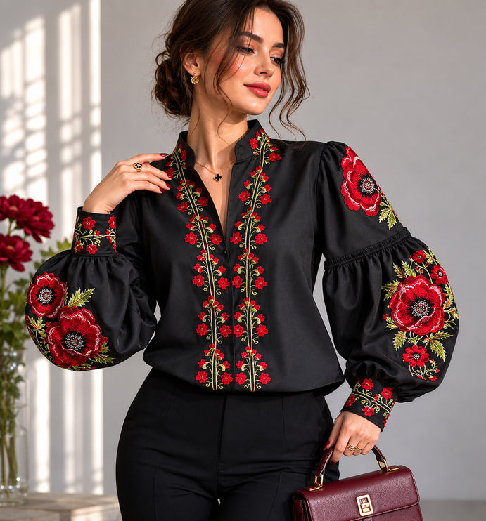 Women’s Black Ukrainian Embroidered Blouse with Red Poppies