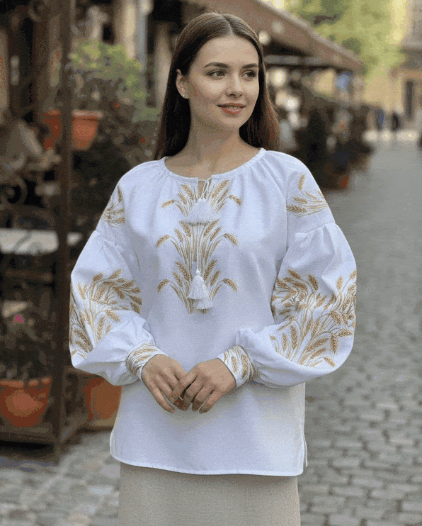 Women's Linen Embroidered Blouse with Golden Wheat Pattern – Ukrainian Vyshyvanka