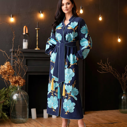 Women’s Maxi Linen Dress with Large Floral Embroidery
