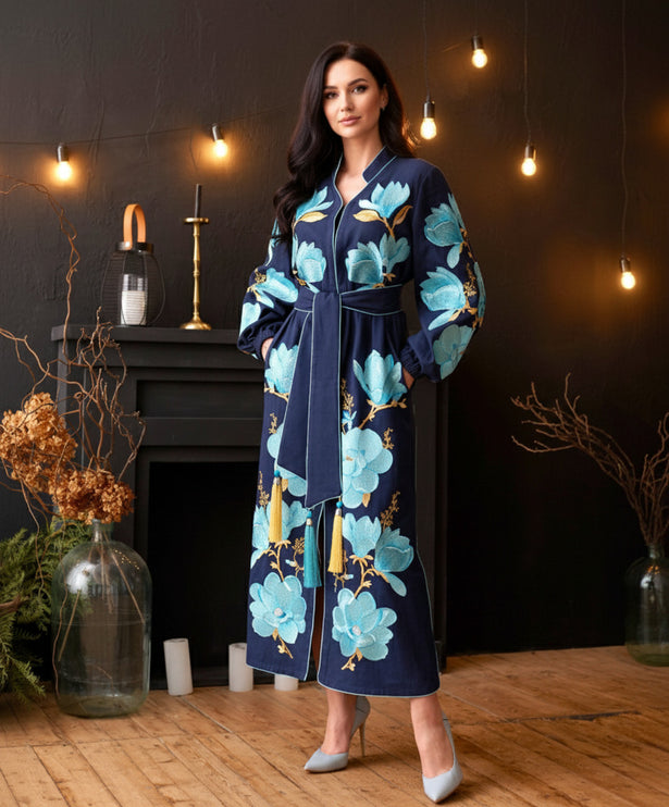 Women’s Maxi Linen Dress with Large Floral Embroidery