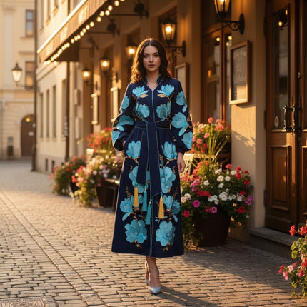 Women’s Maxi Linen Dress with Large Floral Embroidery