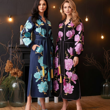 Women’s Maxi Linen Dress with Large Floral Embroidery