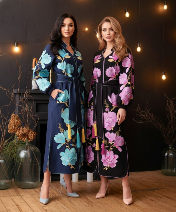 Women’s Maxi Linen Dress with Large Floral Embroidery