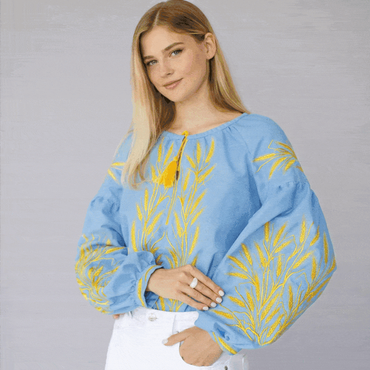 Women’s Ukrainian Embroidered Blouse with Golden Wheat Embroidery