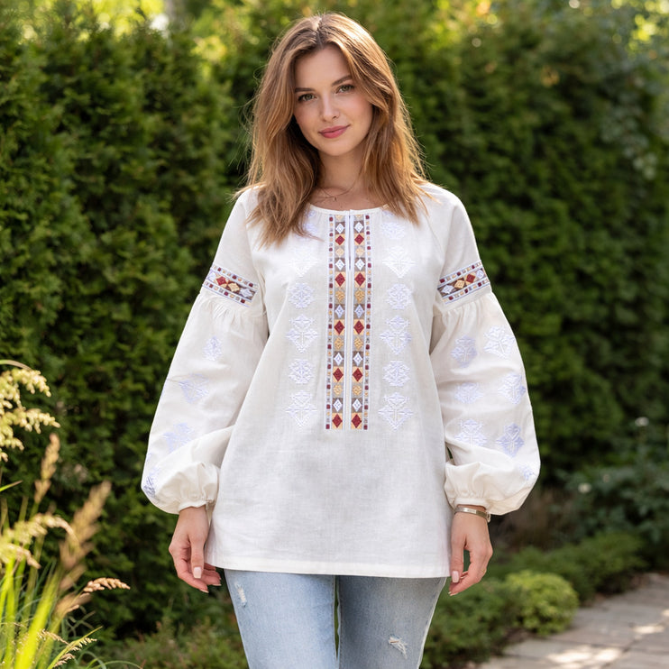 Women’s Ukrainian Embroidered Vyshyvanka Blouse – Ivory Linen Shirt