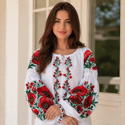 Women's Ukrainian Vyshyvanka Blouse with Red Poppy Floral Embroidery
