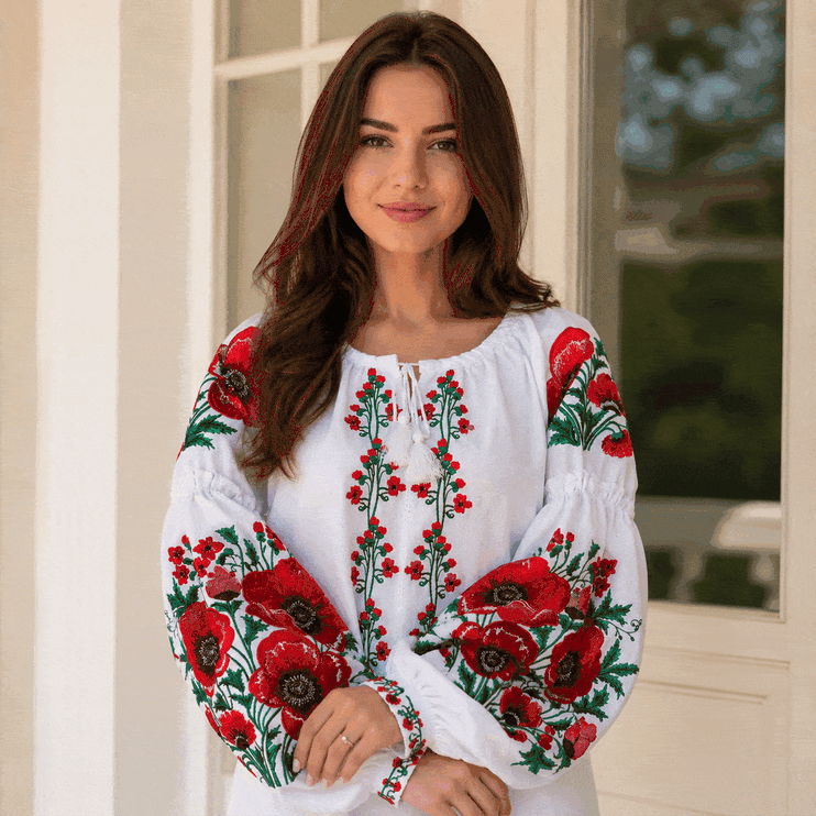 Women's Ukrainian Vyshyvanka Blouse with Red Poppy Floral Embroidery