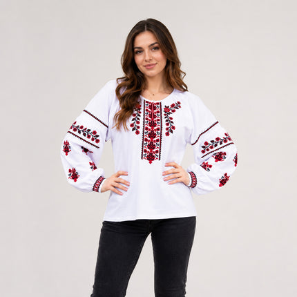 Women’s White Ukrainian Embroidered Blouse – Red Floral Vyshyvanka Shirt
