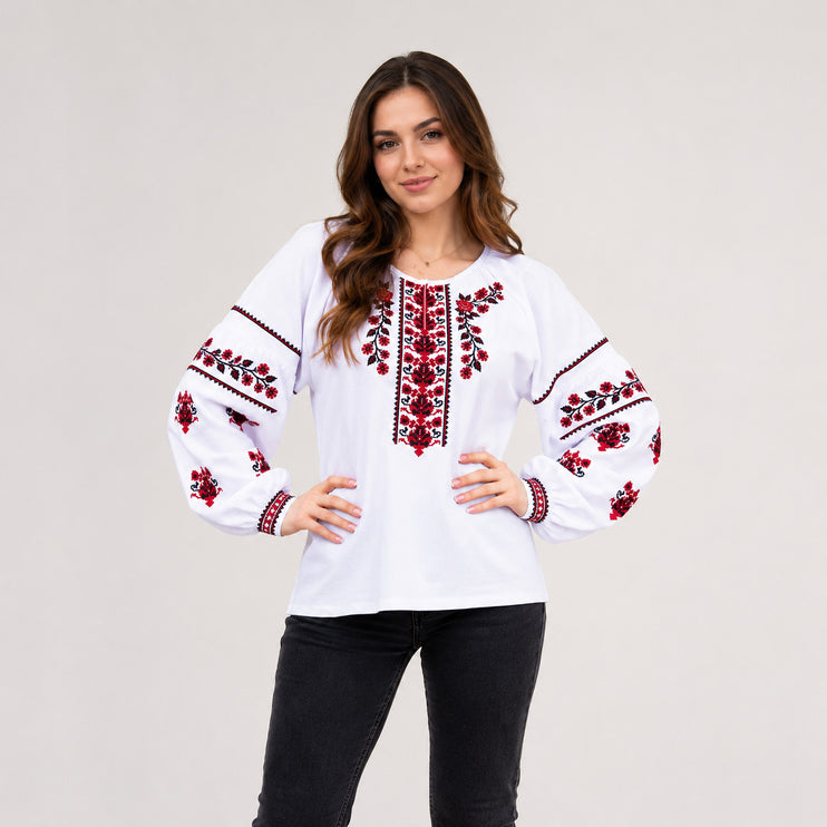 Women’s White Ukrainian Embroidered Blouse – Red Floral Vyshyvanka Shirt