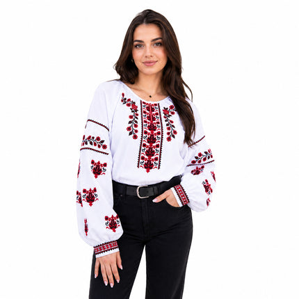 Women’s White Ukrainian Embroidered Blouse – Red Floral Vyshyvanka Shirt
