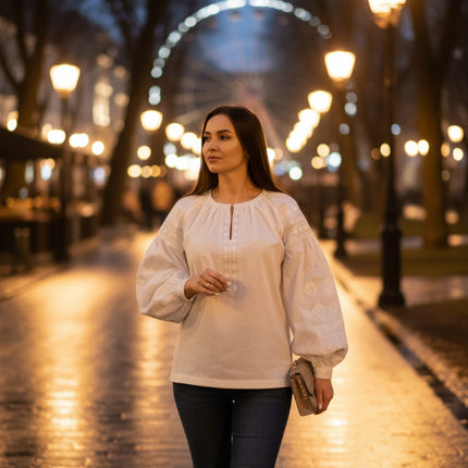 Women’s White Vyshyvanka with Puffy Sleeves