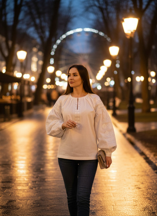 Women’s White Vyshyvanka with Puffy Sleeves