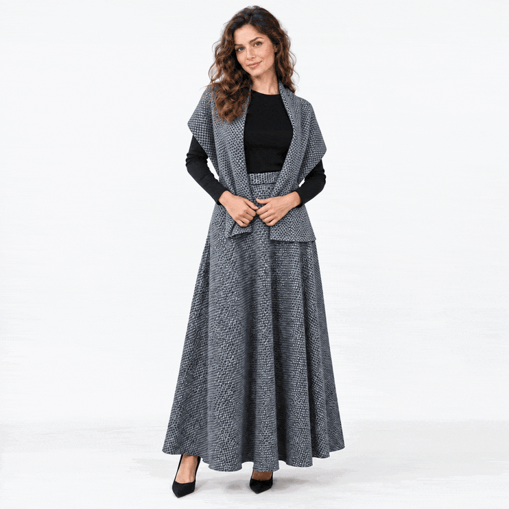Women’s gray wool blend half-circle maxi skirt with pockets and matching scarf, made in Ukraine, styled with a black top