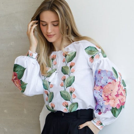 Women's embroidered blouse with hydrangeas