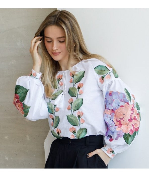 Women's embroidered blouse with hydrangeas