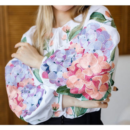 Women's embroidered blouse with hydrangeas