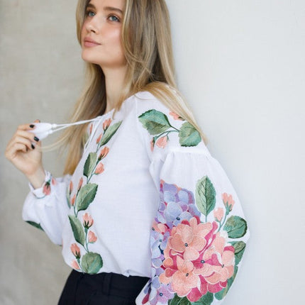 Women's embroidered blouse with hydrangeas