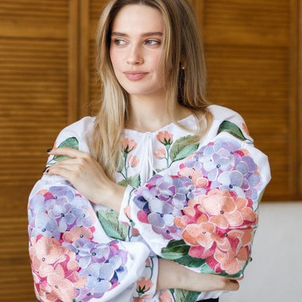 Women's embroidered blouse with hydrangeas