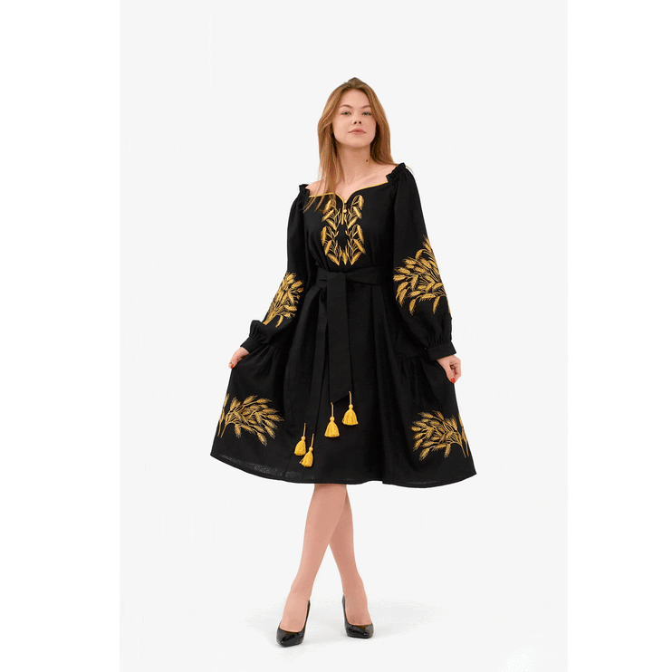 Women's linen dress with embroidered wheat ears