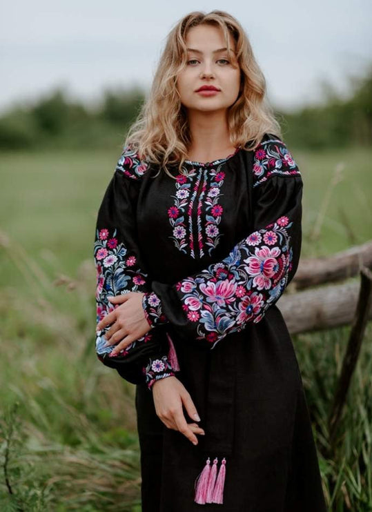 Women's black linen dress with embroidery