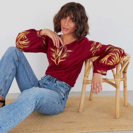 Women's embroidered blouse in Ukrainian style with a wheat ear