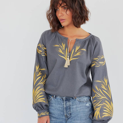 Women's embroidered blouse in Ukrainian style with a wheat ear
