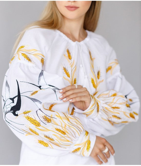 Women's embroidered blouse with swallows and ears of wheat_768656756