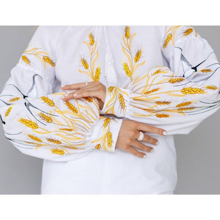 Women's embroidered blouse with swallows and ears of wheat