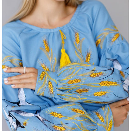 Women's embroidered blouse with swallows and ears of wheat