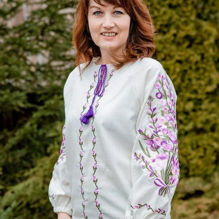 Women's linen blouse with incredible lavender-purple-lilac embroidery