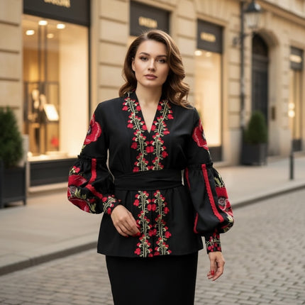 Woman wearing a black outfit with red and green embroidery on a city street.