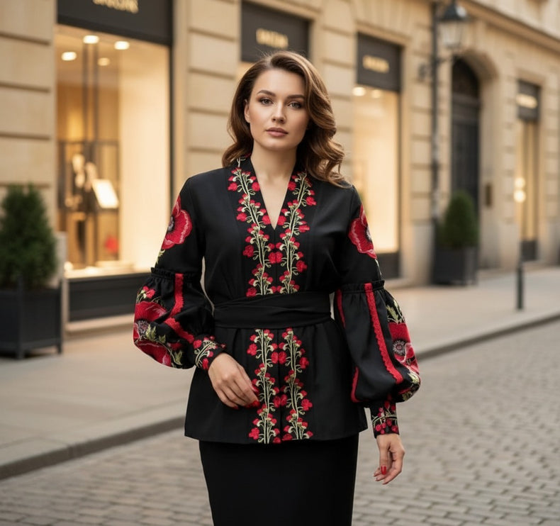 Woman wearing a black outfit with red and green embroidery on a city street.