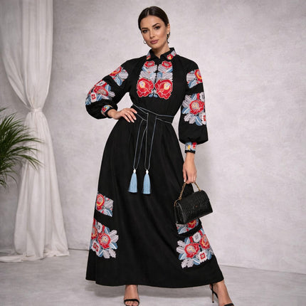 Women’s Black Ukrainian Embroidered Maxi Dress with Red Floral Motifs