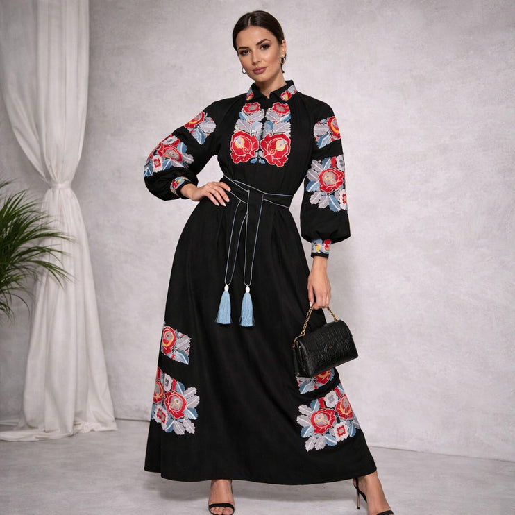 Women’s Black Ukrainian Embroidered Maxi Dress with Red Floral Motifs