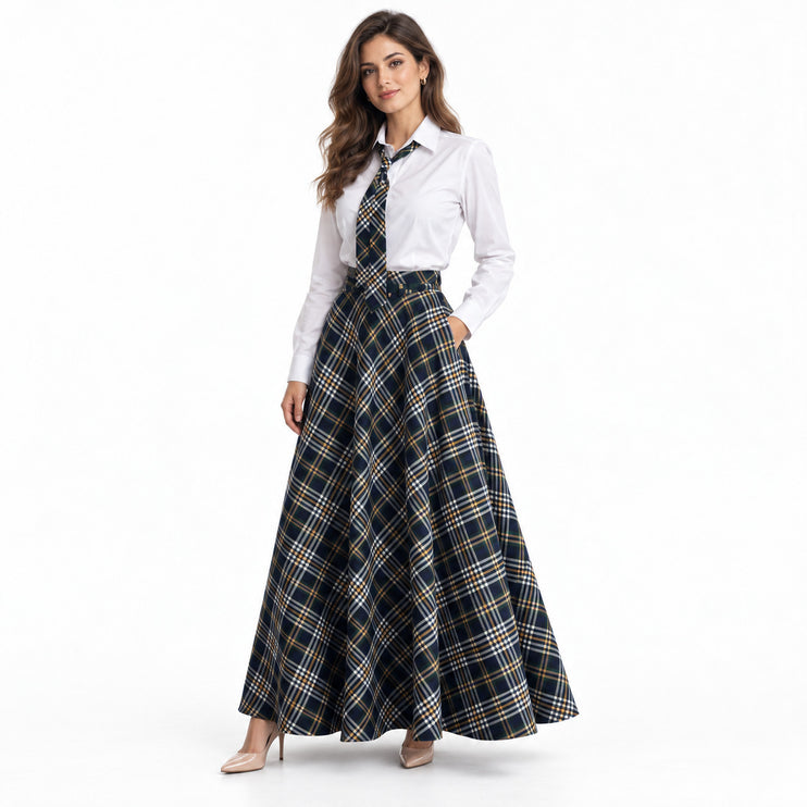 Women’s black and gray plaid high-waisted maxi skirt and matching plaid tie set, styled with a white shirt