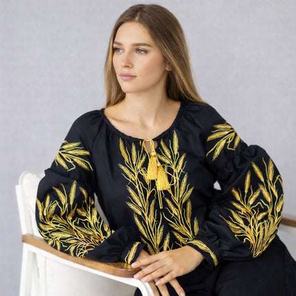 Women’s Ukrainian Embroidered Blouse with Golden Wheat Embroidery