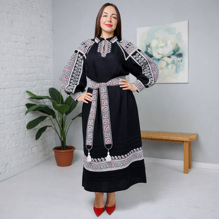 Women’s Ukrainian Embroidered Maxi Dress – Black Vyshyvanka with Long Sleeves