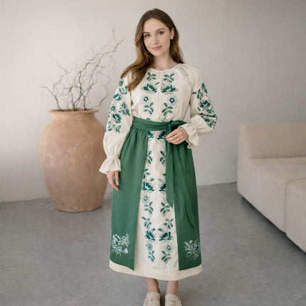 Women’s Ukrainian Embroidered Set – Long Linen Dress & Traditional Plakhta