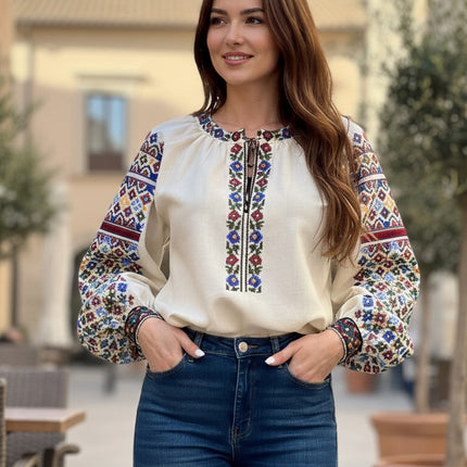 Women’s Ukrainian Vyshyvanka Blouse – Multicolor Floral & Geometric Embroidery