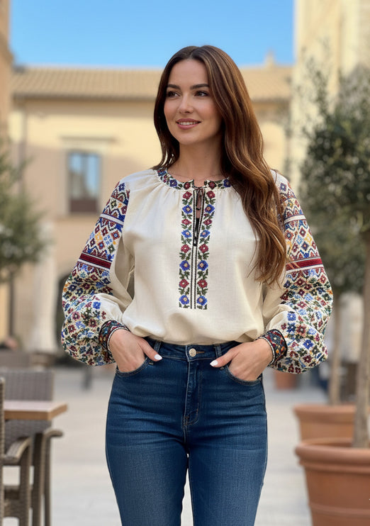 Women’s Ukrainian Vyshyvanka Blouse – Multicolor Floral & Geometric Embroidery