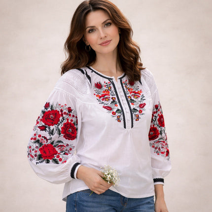 Women’s Ukrainian Vyshyvanka Blouse – White Floral Embroidery