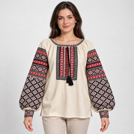Women’s Ukrainian Vyshyvanka Blouse with Red and Black Embroidery