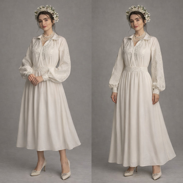 Women’s Ukrainian Wedding Dress with White Embroidery