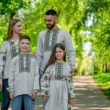 Boys Ukrainian Linen Vyshyvanka Shirt with Green Embroidery