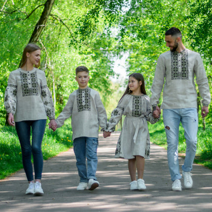 Boys Ukrainian Linen Vyshyvanka Shirt with Green Embroidery