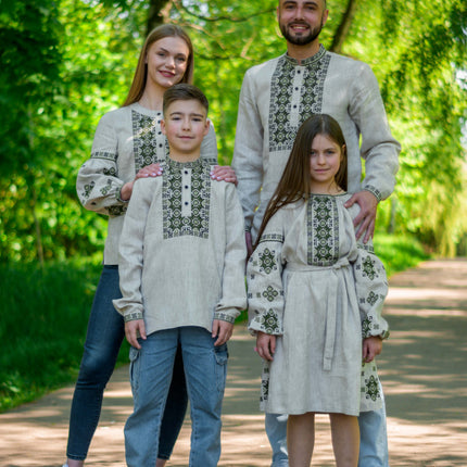 Boys Ukrainian Linen Vyshyvanka Shirt with Green Embroidery