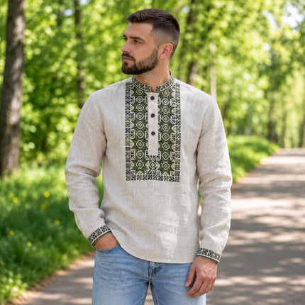 Men’s unbleached linen Ukrainian vyshyvanka shirt with green geometric embroidery on chest panel and cuffs